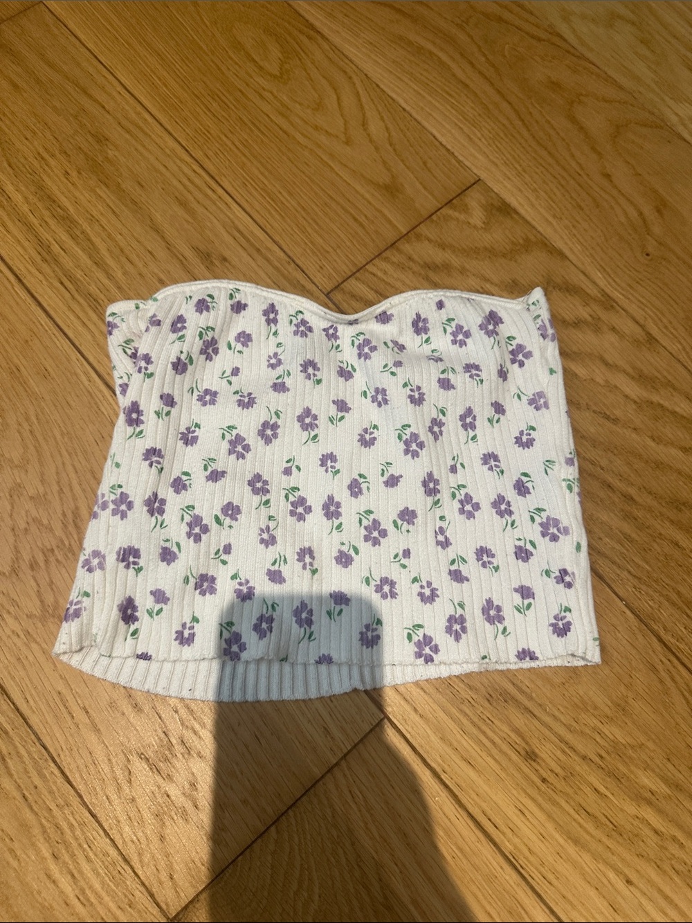 White Floral Ribbed Tube Top with Purple Flowers